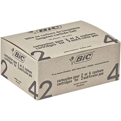 Afbeelding van BIC 4 kleuren balpenvullingen rood kleuren, 50 stuks, onuitwisbare inkt, lijndikte 0,4 mm