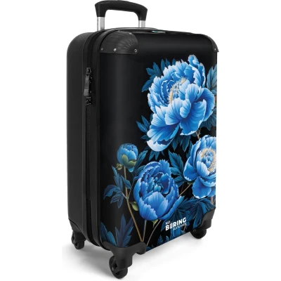 Afbeelding van NoBoringSuitcases.com® Handbagage koffer lichtgewicht Reiskoffer trolley Zwart met blauwe pioenrozen Rolkoffer wieltjes Past binnen 55x40x20 en 55x35x25