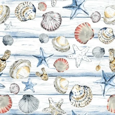 Afbeelding van 20 servetten maritiem strandschelpen op hout als tafeldecoratie. Papieren met motief. Ook voor decoupage en servettechniek 33x33cm