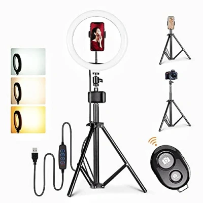 Afbeelding van D94DS 10 inch ringlamp met statief en houder voor mobiele telefoon, dimbare beauty fotografie lamp, 3 kleurmodi, helderheidsniveaus, ideaal live streaming, YouTube, TikTok, vlogs, hoogte ca.