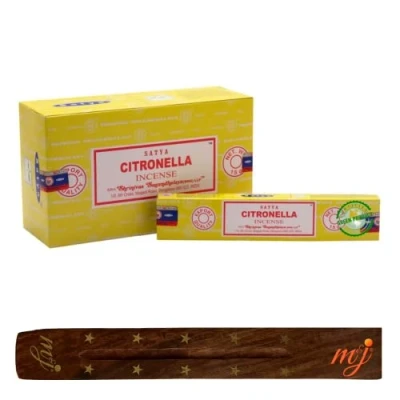 Afbeelding van Originele Satya Nag Champa Citronella wierookstokjes met M&amp;J wierookstokjeshouder Volledige doos voor aromatherapie, spa, yoga, bruiloften, meditatie, genezing, positiviteit en ontspanning