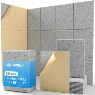 Afbeelding van Soundsbay akoestische platen, zelfklevend, geluidsabsorberende wand, hoge dichtheid, geluidsisolatieplaten voor behandeling en wanddecoratie, 30 x 40 0,9 cm, zilvergrijs, 12 stuks
