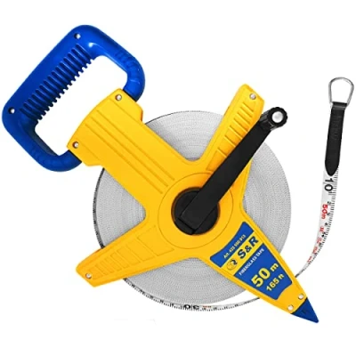 Afbeelding van S&amp;R Bandmaat glasvezel 50 meter / 165 ft (inch) aan beide zijden gemarkeerd, breedte 13 mm rolmeetlint meter/inch voet, rolbandmaat met metalen ring en centreerpunt