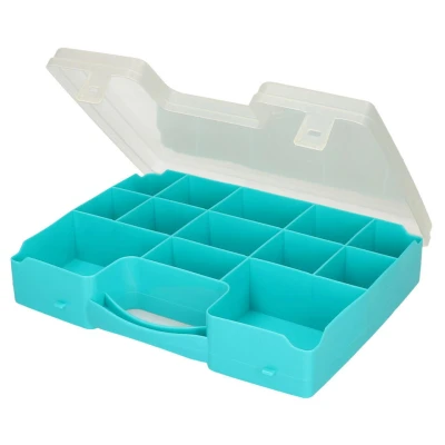 Afbeelding van 1x Opbergkoffertje/opbergdoosjes 13 vaks blauw Sorteerdoos/box Opbergers 27,5 x 20,5 3 cm