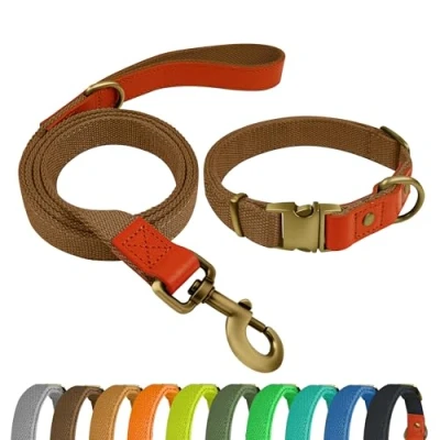 Afbeelding van Qianruida Hondenhalsband &amp; Hondenriem Set Halsband en Riem Combo Verstelbare voor Kleine, Middelgrote Grote Honden Bruin, XL
