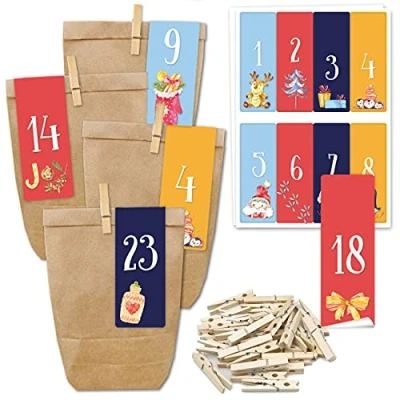 Afbeelding van Adventskalender om te vullen 24 cadeauzakjes en cijferstickers clips motief Gezellig Kerstfeest zelf knutselen Kerstmis Miniset Nr. 271