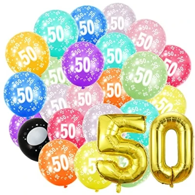 Afbeelding van Partyhausy ballonnen 50e verjaardag goud genummerde (50 jaar aluminium en 20 kleurrijke latex ballonnen, decoratie voor de verjaardag, heliumballonnen