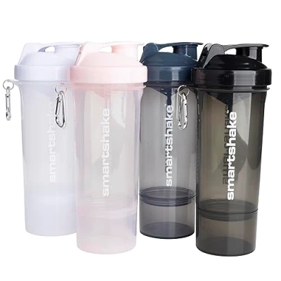 Afbeelding van Smartshake Slim 4 stuks proteïneshakerfles, 400 ml, opslag inbegrepen, lekvrij schroefdeksel, BPA vrij, uniseks, zwart, wit, Stormy Gray, katoen roze
