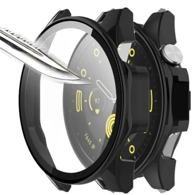 Afbeelding van Msiall Beschermhoes van gehard glas, compatibel met Huawei Watch GT 4 46 mm, harde PC rondom displaybescherming, ultradun, zonder luchtbellen, tegen krassen, zwart, 2 stuks