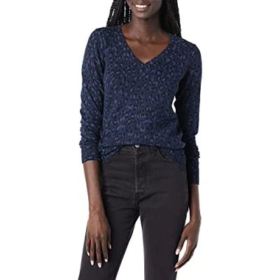 Afbeelding van Amazon Essentials Dames Classic Fit Lichtgewicht Lange Mouw V hals Trui (Verkrijgbaar in Grote Maat), Zwart Navy Cheetah, X Large