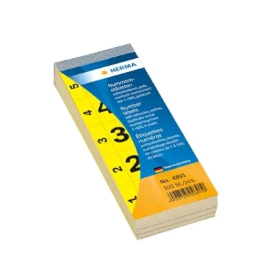 Afbeelding van HERMA 4891 nummerlabels cijfers 1 500, dubbel (56 x 28 mm, papier, mat) zelfklevend, permanent hechtend, doorlopende nummerblok, 500 etiketten, geel