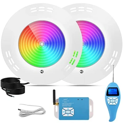 Afbeelding van LyLmLe Hars Gevulde Opbouw Led Zwembadlamp, 35W RGB Zwembadspot Onderwaterlicht Externe Synchronisator met Afstandsbediening, 140 Stralingshoek, IP68 Waterdichte, 12V AC (2 Stuks)