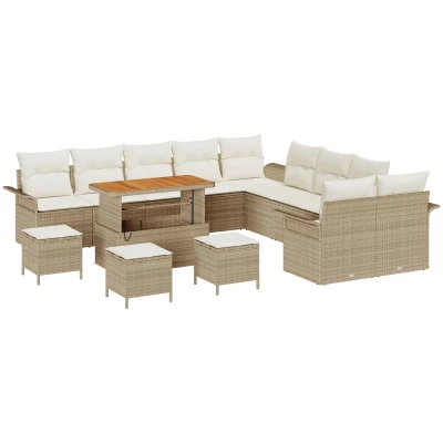Afbeelding van vidaXL 13 delige Tuin Sofa Set met Kussens Beige Poly Rattan Acacia, 2 zitter Rattan, 3 Eet Acacia