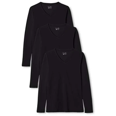 Afbeelding van Berydale Dames T shirt met lange mouwen en V hals, gemaakt van 100% katoen, Zwart, set 3, L