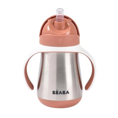 Afbeelding van BEABA 2 in 1 drinkbeker van roestvrij staal met rietje voor kinderen, 100% lekvrij, gemakkelijk te openen, afneembare handgrepen, staal, gezond, robuust, 250 ml, terracotta