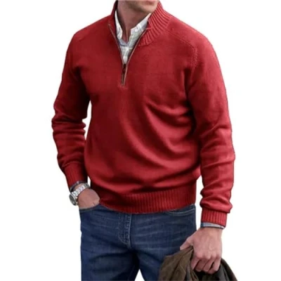 Afbeelding van heren kasjmier rits basic trui, kwart gebreide ronde hals Rood, L