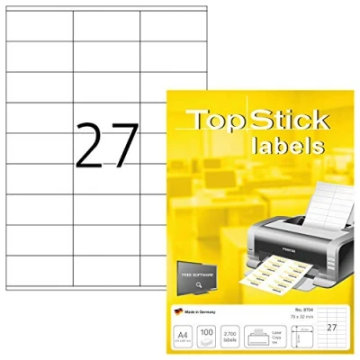 Afbeelding van TopStick 8704 universele etiketten A4 klein (70 x 32 mm, 100 velle, papier, mat) zelfklevend, bedrukbaar, permanente klevende adreslabels, 2.700 voor printer, wit