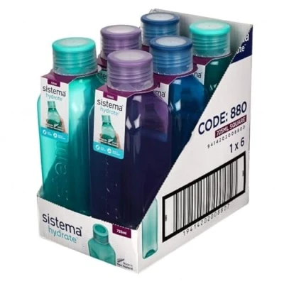 Afbeelding van Sistema 6 stuks 880 Hydate Square Bottle, 725 ml Mint/Blauw/Paars