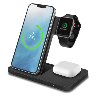 Afbeelding van MMOBIEL Draadloos Oplaadstation Geschikt voor iPhone 15/14/13/12 series, Apple Watch 9/8/7/6/5 en AirPods Pro/3/2/1 18W 3 in 1 Draadloze Oplader Wireless Charger Zwart
