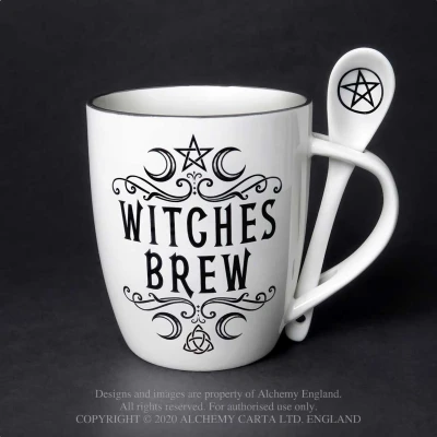 Afbeelding van Alchemy Witches Brew Mok/beker met lepel set Wit/Zwart Keramische mok Vaatwasmachine en magnetronbestendig 390ml