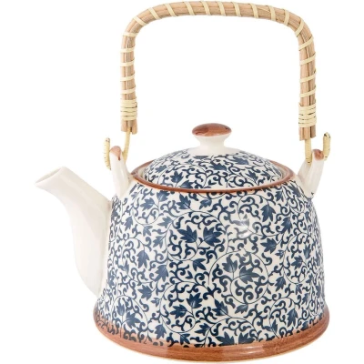 Afbeelding van Clayre &amp; Eef Theepot met Filter 700 ml Blauw Keramiek Rond Bloemen