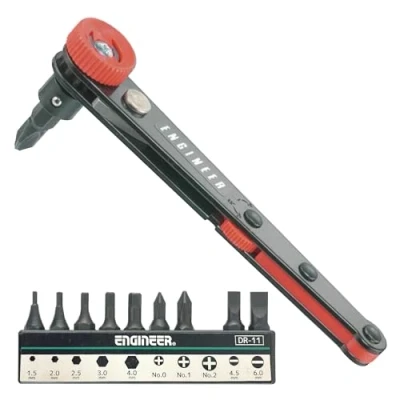 Afbeelding van Compacte 90 graden haakse ratelschroevendraaier + diverse bits, past in beperkte en plaatsen. ENGINEER dr 06