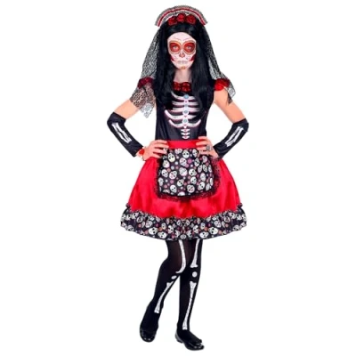 Afbeelding van WIDMANN Zwarte en rode Dia de los Muertos skelet outfit voor kinderen 140 (8 10 jaar)