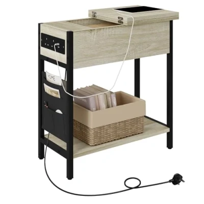 Afbeelding van EUGAD Bijzettafel met laadstation, nachtkastje oplaadfunctie, salontafel, salontafel opbergruimte, kleine tafel, USB aansluiting, stopcontact, tas, inklapbaar tafelblad, licht eiken, 0003CHJ