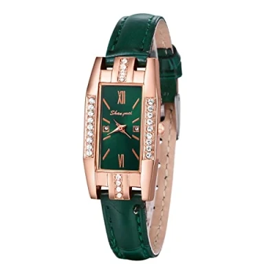 Afbeelding van JewelryWe Horloges dames analoog kwarts polshorloge elegant rechthoekig strass casual horloge dameshorloge met lederen armband groen, Riemen.
