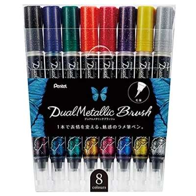 Afbeelding van Pentel GFH D8ST Dual Metallic Brush Penseelstift gevuld met afhankelijk van de papierkleur, veranderende glitterinkt, nylonvezels, set 8 gesorteerd