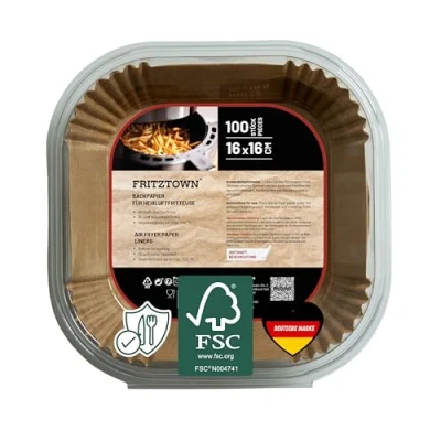 Afbeelding van FRITZTOWN® Airfryer papier, bakpapier voor heteluchtfriteuse, 100 stuks, 16 x cm, vierkant