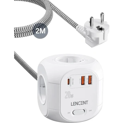 Afbeelding van LENCENT 4 Voudige Stekkerdoos Cube met Snelladen Type C, 7 in 1 Stopcontact 20W PD C &amp; QC, 2M Gevlochten Kabel Power Strip, 4000W Meervoudige Verlengsnoer Schakelaar, Thuis Verdeelstekker