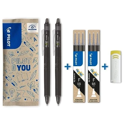 Afbeelding van PILOT FriXion Point Clicker 0,5 set van 2 uitwisbare en intrekbare rollerbalpen zwarte + sets 3 vullingen gum fijne punt