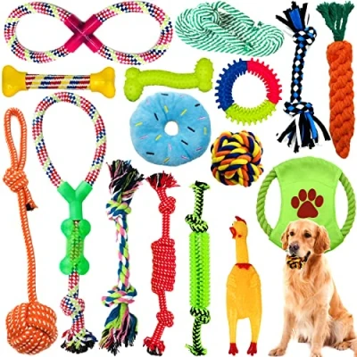 Afbeelding van Hondenspeelgoed, 16 stuks touwbal, honden, robuuste tanden, Kauwen, duurzaam speelgoed, tandtrainingsset voor kleine middelgrote hond, interactieve speelset, onverwoestbaar, katoenen knoop, touw