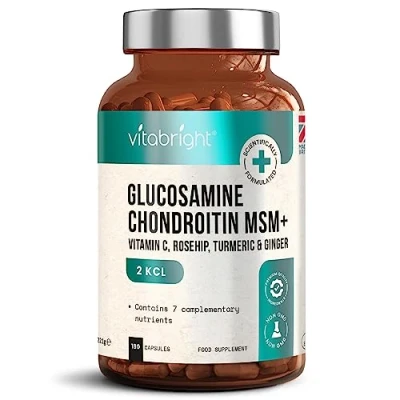 Afbeelding van Glucosamine en chondroïtine MSM gewrichtsverzorgingssupplement met kurkuma, vitamine C, gember rozenbottel Hoge sterkte 180 capsules Premium glucosaminesulfaat Gemaakt in het VK door VitaBright