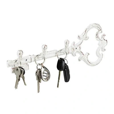 Afbeelding van Relaxdays sleutelrekje, 3 haken, sleutelvorm, gietijzer, vintage, ouderwets, HBD 12.5 x 33 4.5 cm, wit