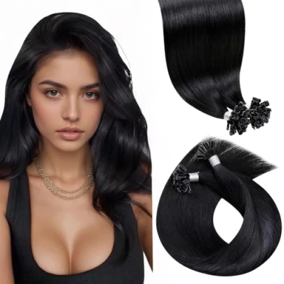 Afbeelding van LaaVoo Haarverlenging Keratine 50 Strengen Echt Menselijk Haar Zwart Natuurlijk Steil 1g Pre Bonded U Tip Extension 20inch/50cm