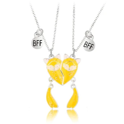 Afbeelding van Bixorp Friends BFF Ketting voor 2 met Magnetische Vosjes Hartje Geel &amp; Zilverkleurig Vriendschapsketting