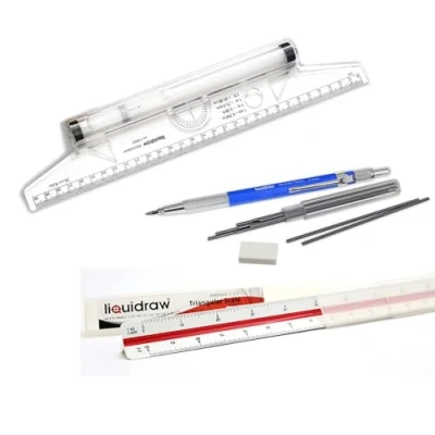 Afbeelding van Liquidraw Driehoekige Schaal Liniaal &amp; Rolling 30cm Set Met Mechanische Koppeling Potlood 2mm, Leads Gum Voor Architecturale Tekening Kunstenaars Architecten Ingenieurs