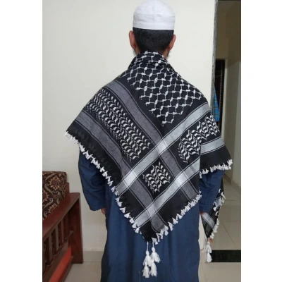 Afbeelding van Kufiya/Keffiyeh Sjaal Rood met Flossen, Palestijnse Sjaal, Palestina Shemagh, Arafat Arabische 127x127 cm