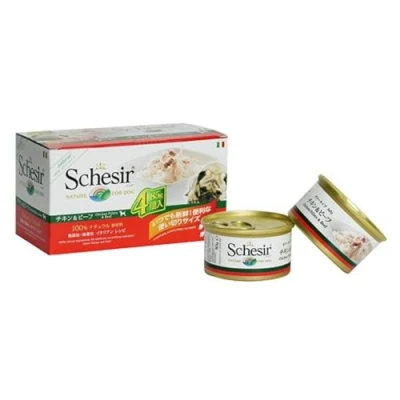 Afbeelding van Schesir Dog Kippenfilet met rundvlees, hondenvoer nat, 6 x 4 blikjes 85 g