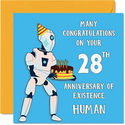 Afbeelding van Grappige 28e verjaardagskaarten voor mannen vrouw Robot Droid Gelukkige verjaardagskaart zoon dochter broer zus oom tante nichtje neef neef, 145 mm x grap humor scherts