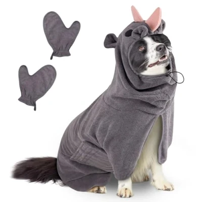 Afbeelding van Hondenbadjas, badjas voor honden, microvezel, zachte handdoek dinosaurus, om je hond te drogen na het zwemmen en baden (rinoceron grijs, M)