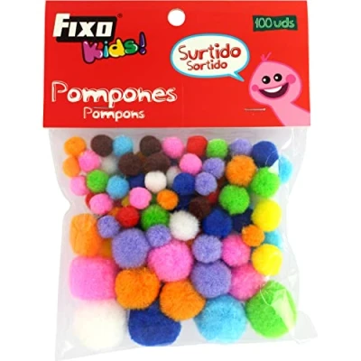 Afbeelding van Fixo Kids Set van 100 kleine pompons, verschillende kleuren en maten, diameter 0,7 cm tot 2 cm, knutselmateriaal voor schoolactiviteiten met kinderen