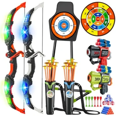 Afbeelding van VATOS 2 stuks pijl en boogspeelgoed voor kinderen van 3 12 jaar, jongens meisjes, oplichtend boogschieten, speelgoed met cup, staand doel 29 inch dartbord, indoor outdoor activiteitencadeau
