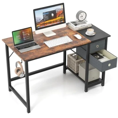 Afbeelding van COSTWAY Bureau met 2 laden, 120 cm lange computertafel hoofdtelefoonhaak en opbergvak, bureautafel, grote pc tafel, werktafel voor kantoor, thuis