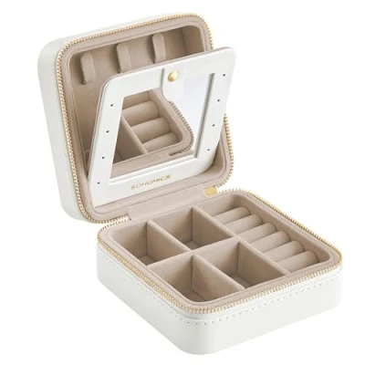 Afbeelding van SONGMICS JBC146BEV2 Sieradenkistje voor op reis, klein sieradenkistje, sieraden reisetui, spiegel, ritssluiting, draagbare sieradenopslag, PU hoes, 11,4 x 5,5 cm, cadeau idee, wolkenwit