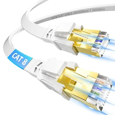 Afbeelding van Ethernet Kabel 5m, Cat 8 Cable Netwerkkabel 5 meter Hoge Snelheid RJ45 Platte 5m Afgeschermde 40Gbps 2000MHz, LAN Gigabit Internet Patch Wit (5M)
