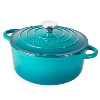 Afbeelding van Gietijzeren Pot met Deksel Anti aanbaklaag, Ovenbestendig, Geëmailleerde Braadpot Robuust Kookgerei Blauwgroen 2,9L Van Nuovva