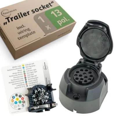 Afbeelding van fouraces aanhangercontactdoos 13 polig, sjabloon voor auto, motorvoertuig, auto en trekker aanhangerkoppeling, accessoires, trekhaak, zwart kunststof behuizing met deksel trekkers